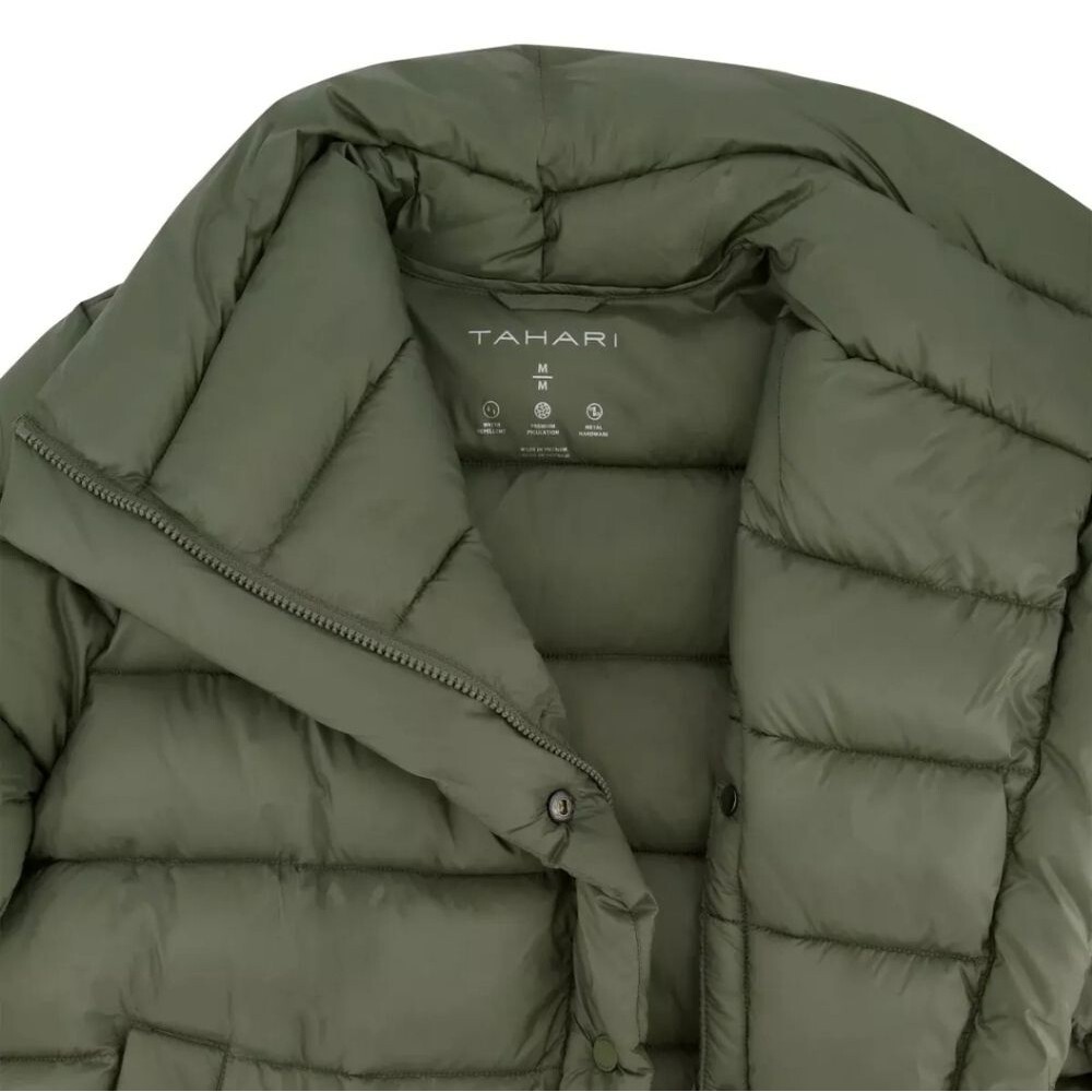 TAHARI Women's XL (12) Asymmetrical Quilted Puffer Jacket Packable Green Zip NWT